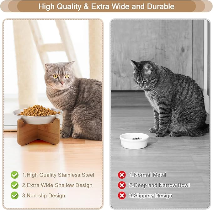 Elevated Cat Bowl with Bamboo Stand, 6.8" Extra Wide Shallow Raised Stainless Steel Cat Bowls Whisker Friendly, 2 Pack Food and Water Dishes for Indoor Cats, Kitten, Puppies and Small Dogs