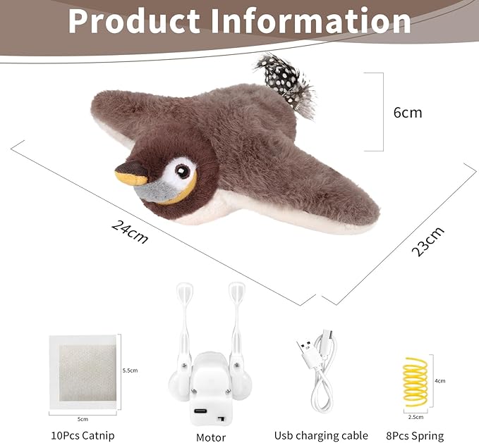 Cat Toys, Flapping Bird Cat Toy(No Flying), Interactive Catnip Toy with Springs & Catnip Bags, Chirping Noise Enrichment Moving Wings Dog Cat Kitten Toys, Flappy Flying Pets Toy for Indoor