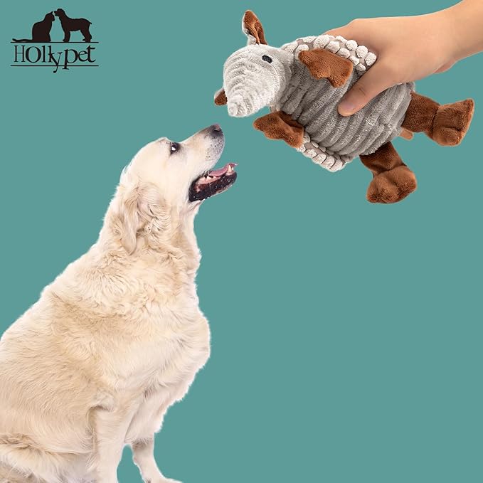 Hollypet Plush Dog Squeaky Toy Stuffed Armadillo Animal Pet Puppy Chew Toys with Clean Teeth for Small Medium Large All Breed Sizes Dogs, Light Gray, 8 in