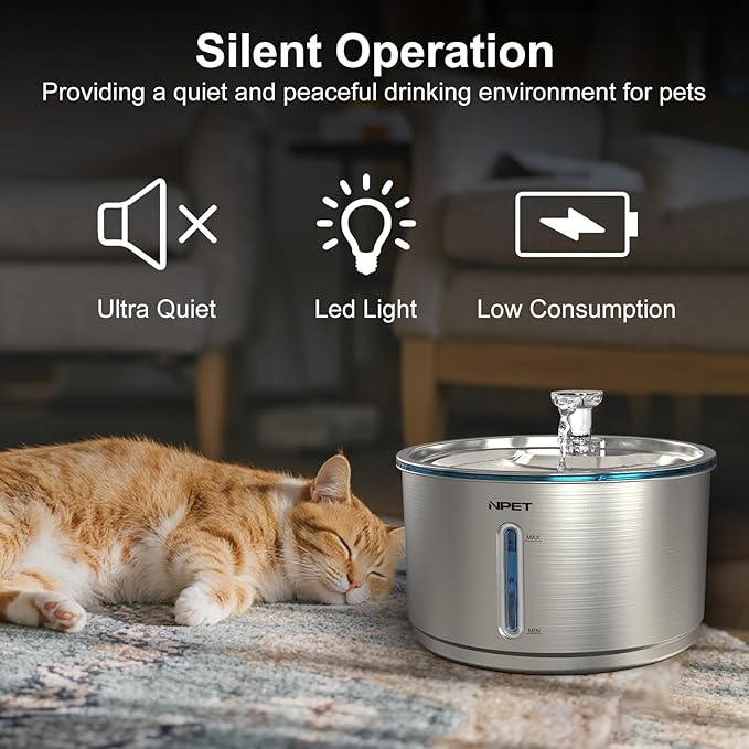 NPET Stainless Steel Cat Water Fountain, 1Gallon/135oz Automatic Pet Drinking Fountain Dog Water Dispenser Bowl with Water Level Window for Cats Indoor - WF210plus