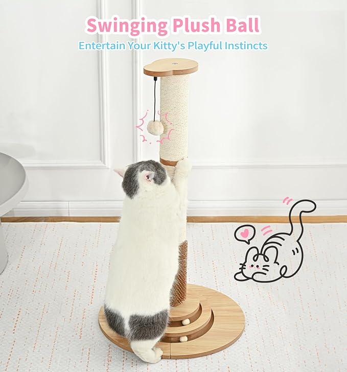 Made4Pets Cat Scratching Post Premium Sisal Cat Scratcher Kitten Toys for Indoor Kittens 33.6" Tall Cat Tower Scratch Post Cat Tree Wooden Interactive Ball Track Cat Toy with Hanging Ball, Beige