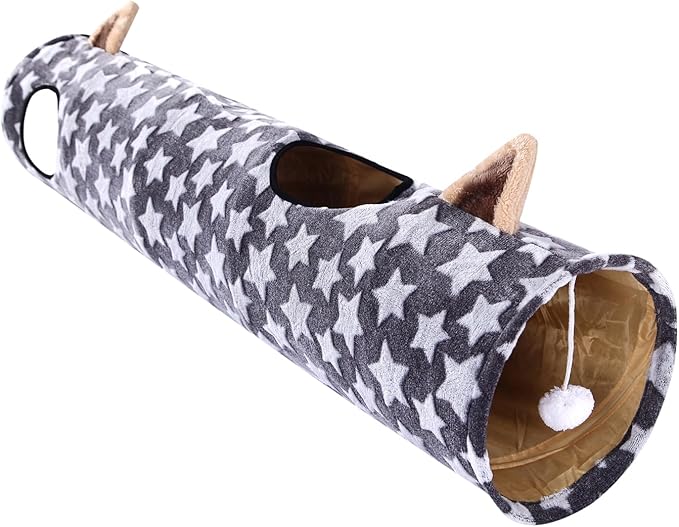 LUCKITTY Cat Tunnel -Straight-Shaped, Gray Star Pattern, Soft Velvet Exterior, Oxford Fabric Fog-Proof Interior, Plush Toy Ball, Easily Washable, Conveniently Foldable, 47.2in/120cm