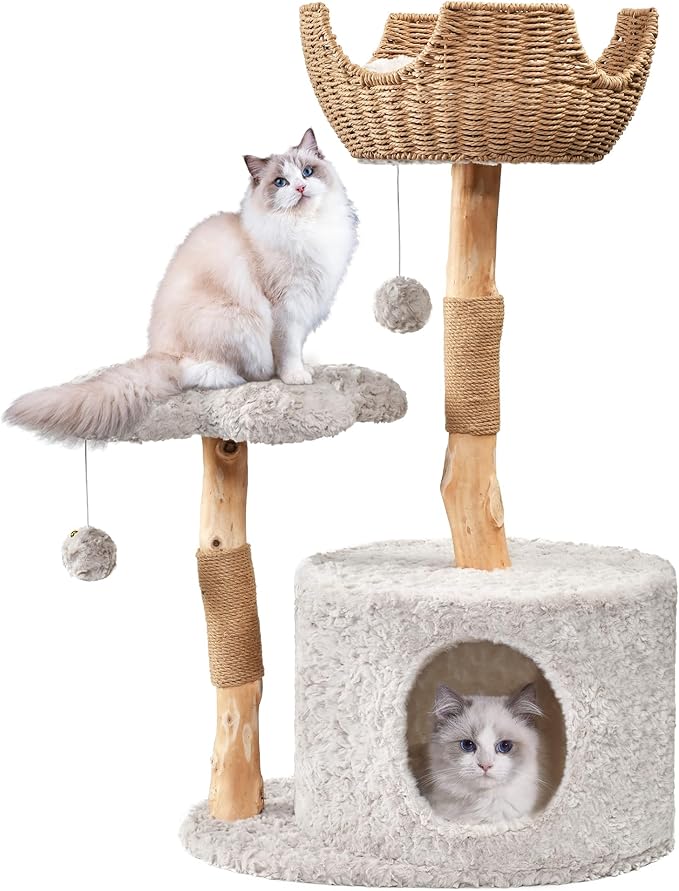 Easyego Modern Cat Tree, Aesthetic Wood Cat Tree Tower for Large Cats, Luxury Cat Condo with Scratching Posts and Flower Platforms, Cat Furniture by Easyego, (Rabbit Hair - Bullet Gray)
