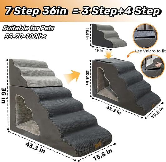 7-Step Dog Stairs for 36 Inch High Beds Small Dogs, Pet Ramp Stairs 20-42 Inch Couch Bed, Non-Slip Balanced Stairs 75lbs for Small Old Large Dogs Cats to Get on Bed