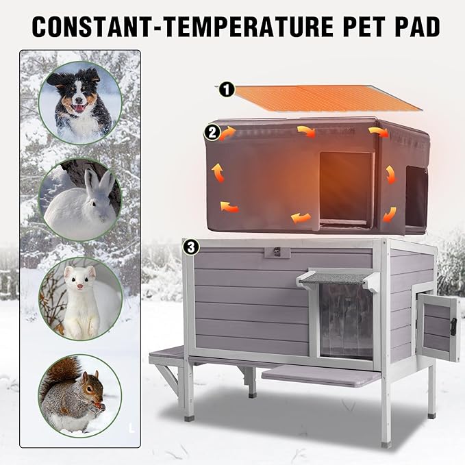 Insulated Heated Cat House for Winter, Outdoor Feral Cat Shelter with Weatherproof Design and Heated Liner