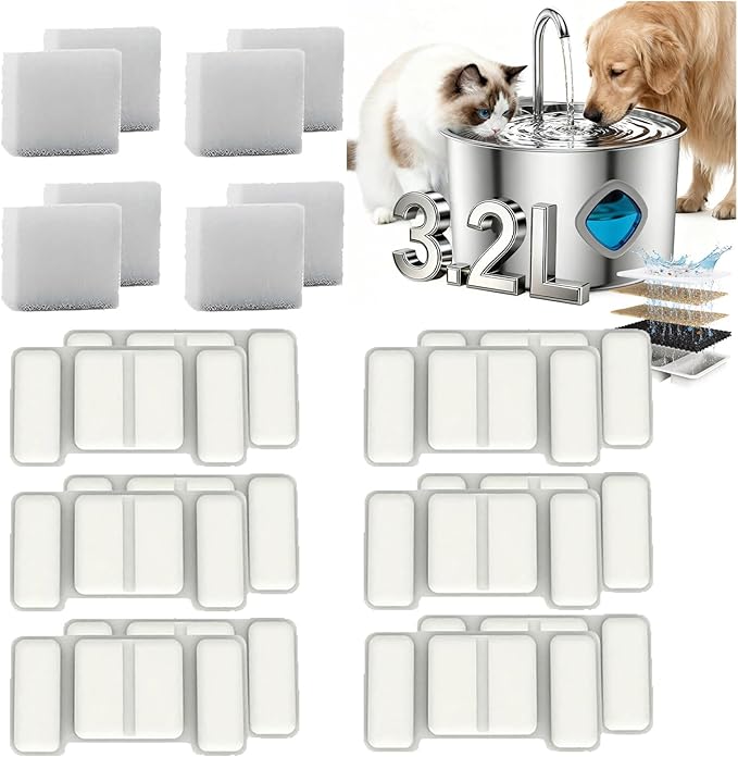 3.2L/108oz Stainless Steel Dog Water Fountain, Automatic Pet Water Bowl Dispenser with Quadruple Filtration (Dog/Cat Water Fountain Filter, 12 Filters + 4 Water Pump Cotton)