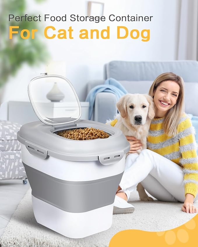 ANVS Dog Food Storage Container - Collapsible Dog Food Container with Airtight Lids, Scoop and 2.5L Small Pet Food Storage Container Dry Food For Dog, Cat and Other Pet Food (Grey, 30lbs)