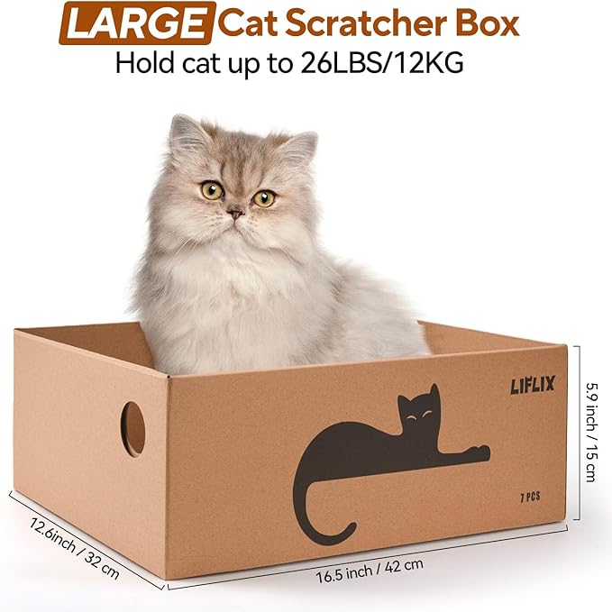 7PCS Reversible Cat Scratching Pads with Box, 16.5" Lｘ12.6" Wｘ5.9 H Extra Large Cardboard Scratcher with Catnips, Cat Scratch Boxes for Indoor Cats