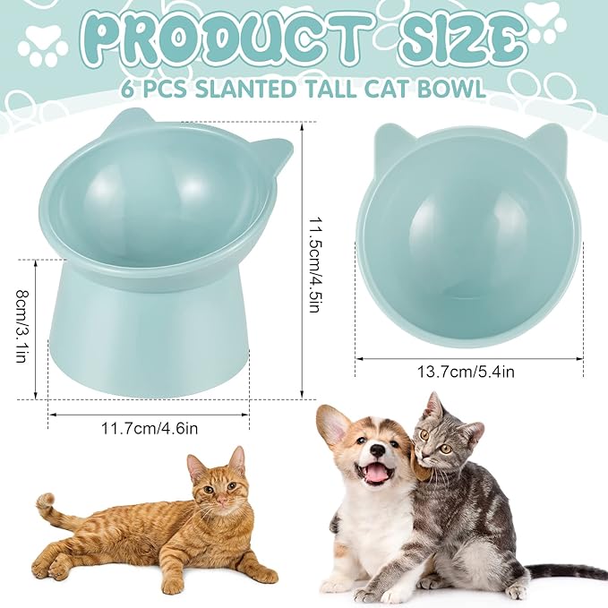 Hsei 6 Pcs Raised Cat Food Bowls 15 Degrees Elevated Pet Bowls Anti Vomiting Tilted Raised Whisker Friendly Raised Cat Dish Plastic Slanted Stand for Indoor Pet Food Water Feeder(Bright Color)