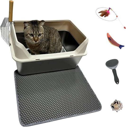 Stainless Steel Cat Litter Box with Lid,Large Litter Box with Side Entrance,Kitty Litter Pan High Sided,Anti-Urine Leakage,Easy to Clean,Included Scoop,Litter Mat&Fish Toys,Brush