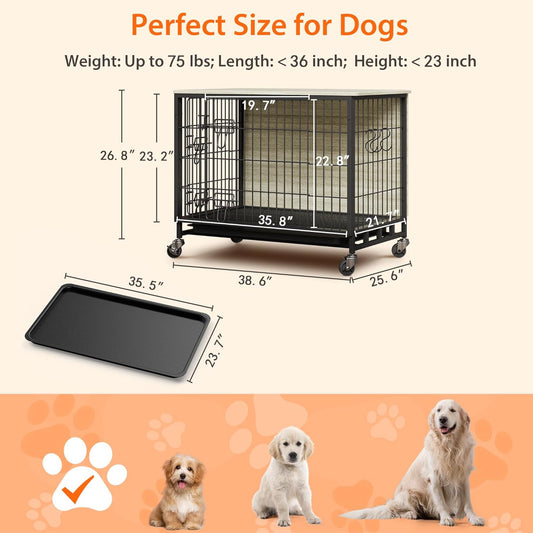 Dog Crate Furniture, 38.6" Wooden Dog Crate with Double Doors, Dog Furniture, Large Dog Kennel Indoor End Table for Large Dogs, Grey