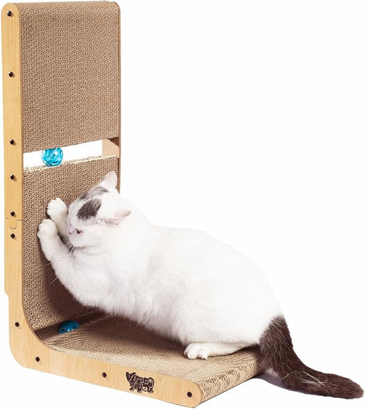 Cat Scratcher Scratching Post with 2 Cat Ball Toy Track Scratchers for Indoor Cats Scratching Board Cardboard L Shaped Scratch Pad for Cats as Beds & Furniture