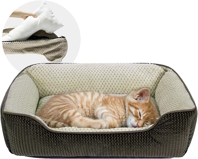 Miguel Cat Bed for Indoor Cats Washable Removable Cover - Small Pet Bed with Side Square Dog Bed Rectangle Soft Puppy Bed Bolster Cuddle Kitten Bed with Wall Slip-Resistant Bottom, Brown 20 Inch