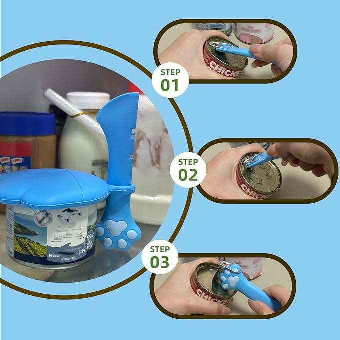 Cat Food Can Spoon & 3 Pcs Can Lids | Cute Paw Shape Can Covers & Cat Can Opener for Wet Food | Universal BPA Free Silicone for Cats and Dogs Food(Blue)