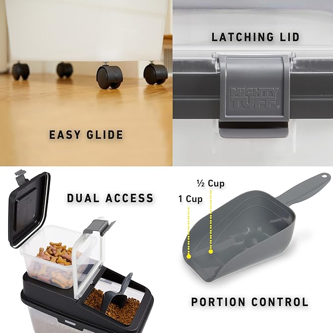 Mighty Tuff 3 Piece Airtight Dog Food Storage Container, Up to 36 lbs, with 5 lbs Dog Treat Container and Portion Scoop – BPA Free Airtight Pet Food Bin on Wheels