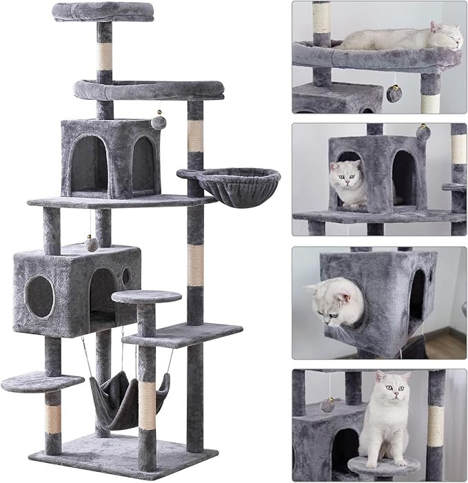 Cat Tree 71.6 inches Cat Tower for Indoor Cats, Multi-Level Cat Condo Furniture with Scratching Posts, Plush Perches, Activity Center with Cozy Basket & Hammock for Large Cats,Light Gray