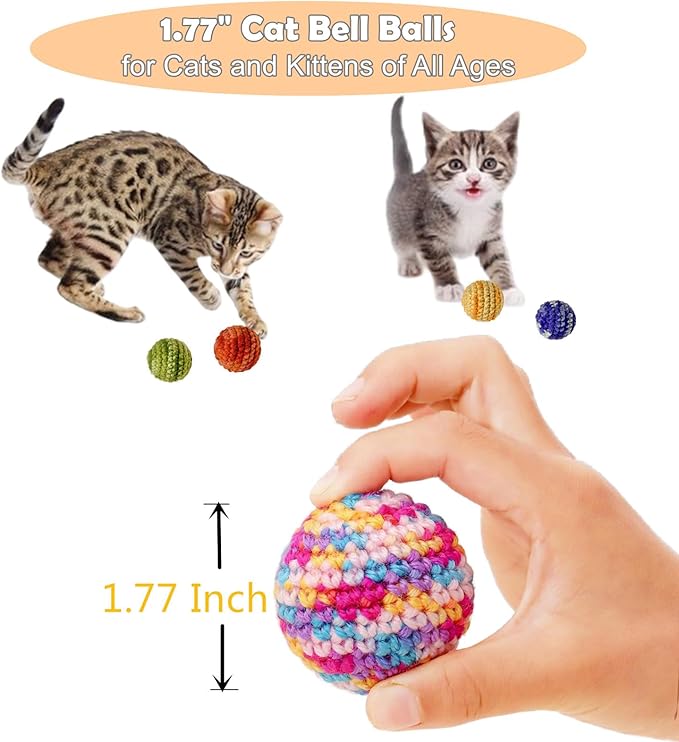 Jingle Cat Toy Balls 6 Pack 1.77" Woolen Yarn with Bell - Indoor Kitten Toys for Safe Chew & Play, Includes Gift Box