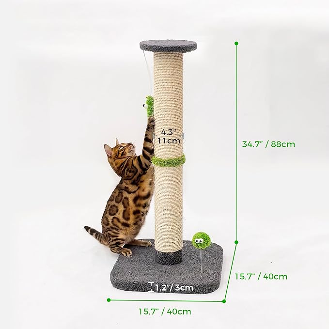 TINYBEAST 34.7" Tall Cat Scratching Post, 3 in 1 Heavy Duty 4.3" Diameter Natural Sisal Post with Hanging Bell Ball, Reinforced Stable Base for Indoor Adult Cats and Kittens(Grey)