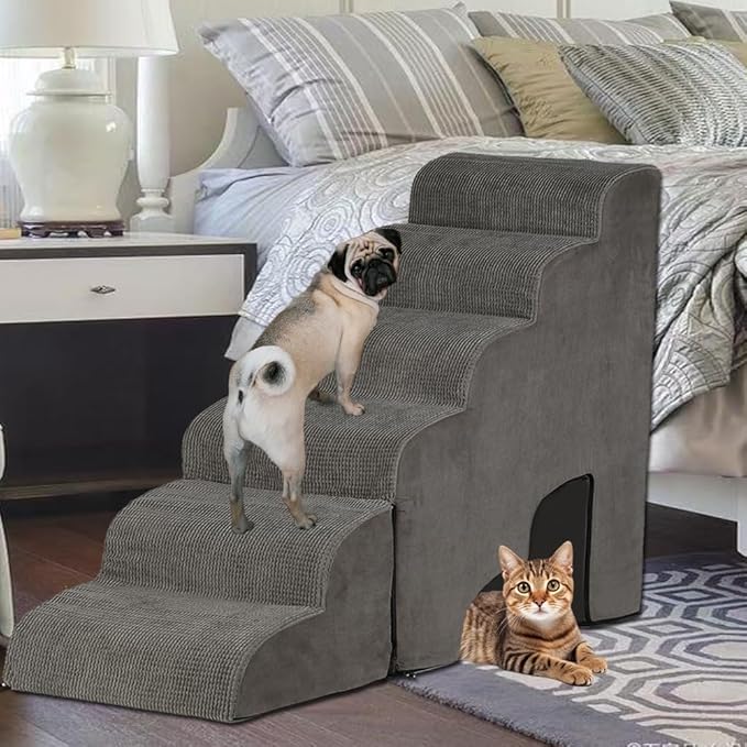 Dog Stairs for High Beds 25-30 inches Tall, 6-Step Dog Steps for High Bed for Doggies/Kitties, 30D Foam Pet Stairs Steps for Small Dogs, Dog Ramp/Ladder for Old Dogs/Cats, Grey