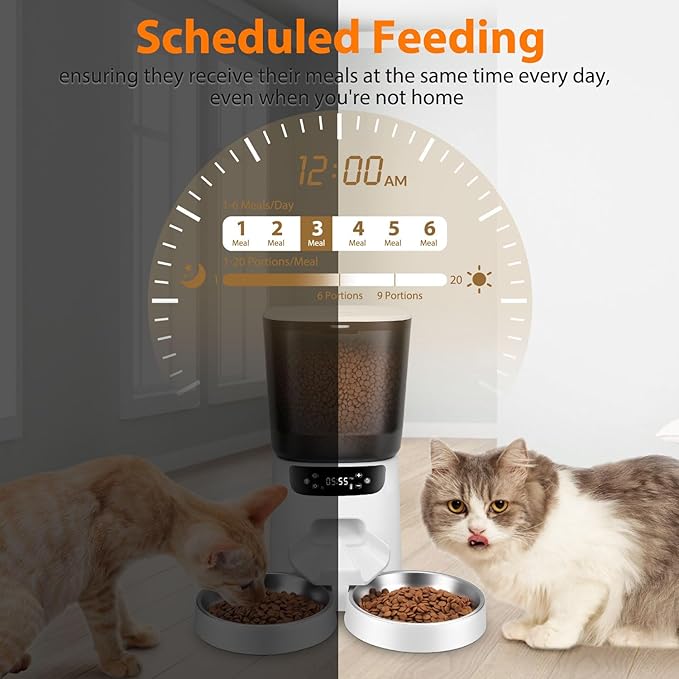 Automatic Cat Feeder and Water Fountain, 5L/20 Cups Timed Cat Dry Food Dispenser, 10s Meal Call, 20 Portions 6 Meals Per Day, 2L Cats Fountains for Drinking with Filter, Pet Feeder for Dog