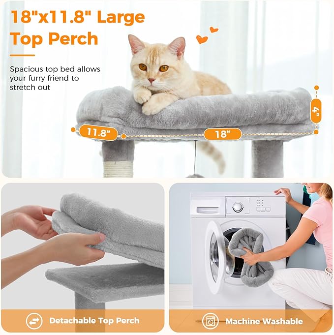 71 Inch Tall Cat Tree for Indoor Cats Large Adult, Multi-Level Cat Tower with Extra Large Hammock, 2 Cat Caves, Spacious Top Perch, Scratching Pad, Light Grey