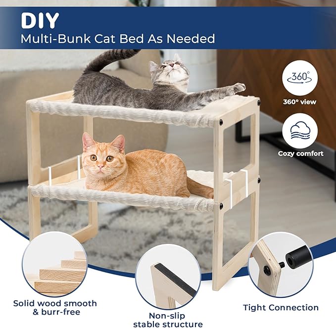 Cat Bed with Washable Pad - 9.5" Elevated Wooden Cat Hammock Bed, 360° View Design, Cot with Breathable Summer Mattress for Kitty, Puppy, Rabbit and All Pets