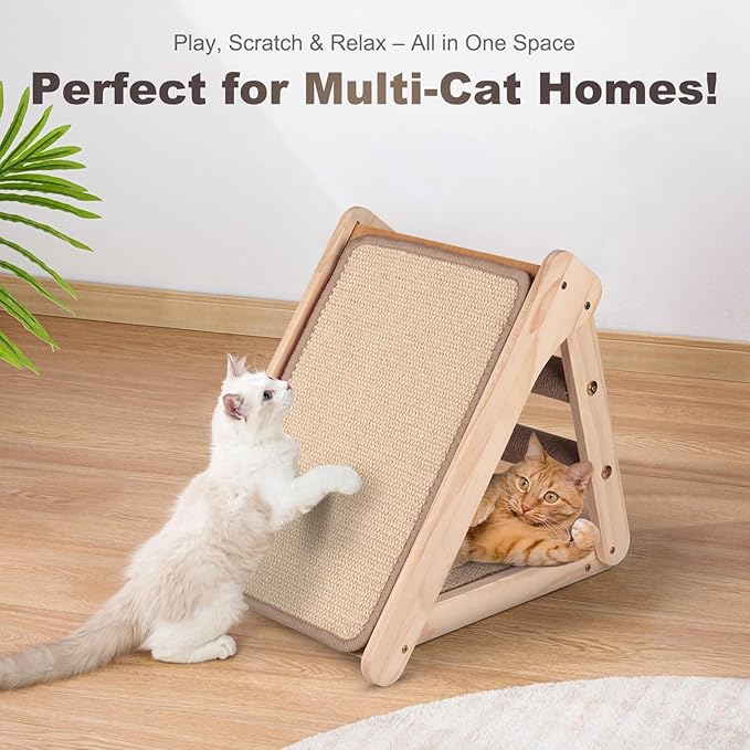 Sisal Cat Scratcher Board,Triangular Cat Scratch Ramp with Climbing Ladder,Wooden Scratching Board with 2 pcs Sisal Pad for Kittens and Small Animals Indoor Use