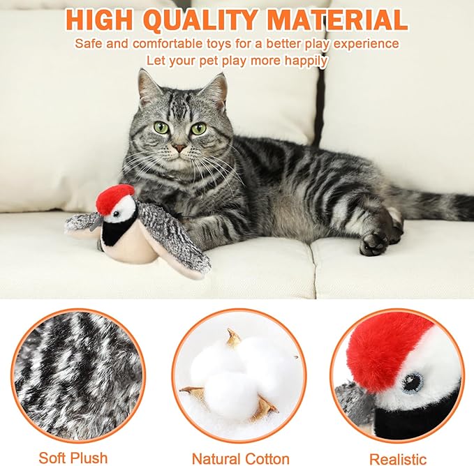 Tocirelo Flapping Bird Cat Toy - Chirping Bird Cat Toy Flapping Wings for Bored Indoor Cats, Interactive Simulated Flying and Realistic Flappy Bird, Touch Activated 7.1" Kitten Kicker Toy with Catnip