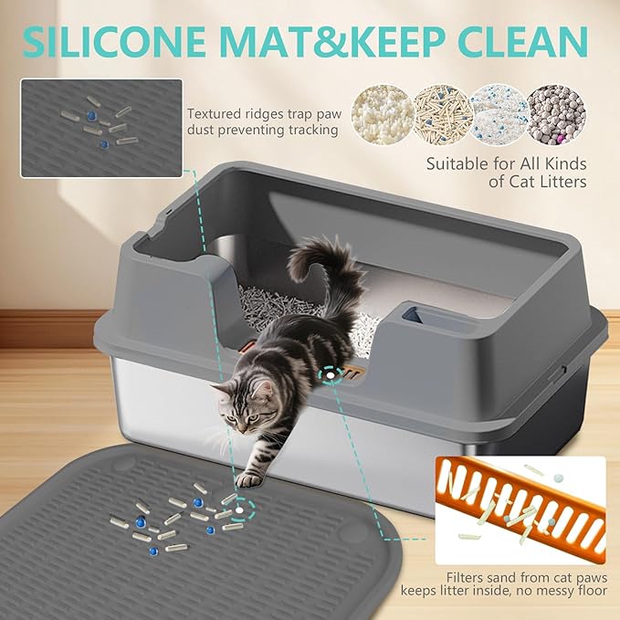 XL Stainless Steel Litter Box with Lid - 23.7"×15.7"×10.6" High Sided Metal Tray for Big/Multi-Cats, Anti-Leak Easy Clean Scoop & Foot Mat (Grey)