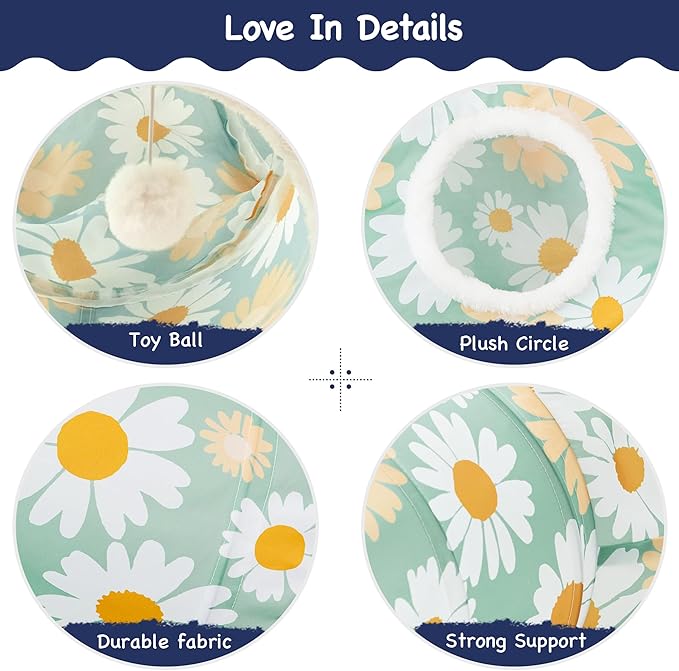 Tempcore Pet Cat Tunnel Tube Cat Toys 3 Way Collapsible, Cat Tunnels for Indoor Cats，Kitty Tunnel Bored Pet Toys Peek Hole Toy Ball Puppy, Kitty, Kitten, Rabbit Daisy Green Printed