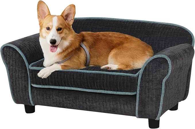 Pet Sofa/Dog Bed With Luxury Striped Fleece, Animal Sleeping Bed, Small Dog and Cat Couch (Dark Black)