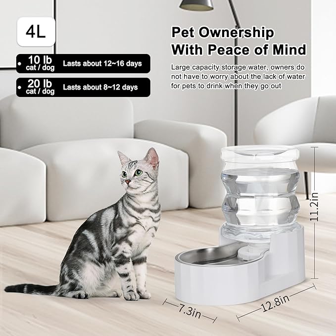 RIZZARI Pet Water Bowl Dispenser: 4L Automatic Stainless Steel Gravity Feeder - Large Capacity Ideal for Cats and Small Dogs - Indoor and Outdoor Hydration