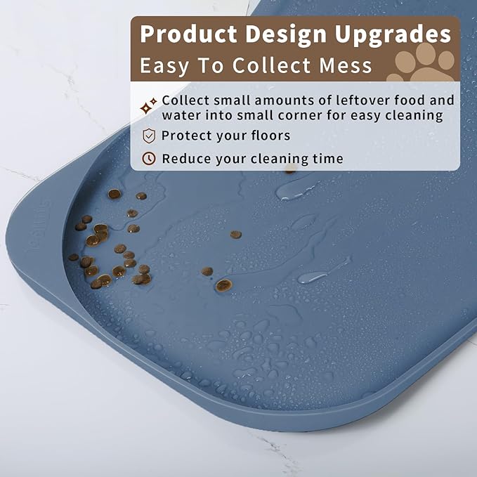 Silicone Pet Feeding Mat with Raised Edge & Residue Collection Pocket for Food and Water, Dog Bowl Mats, Cat Bowls Placemat with High Lip for Floor Waterproof, 22 x 14 x 0.8 Slate Blue