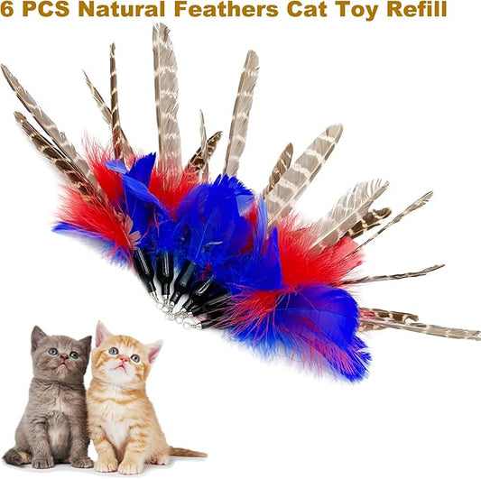 Cat Feather Toys Refills, 6 Pieces Handmade Da Bird Feathers Refill, Cat Wand Replacement Feather for Indoor Cats (A)