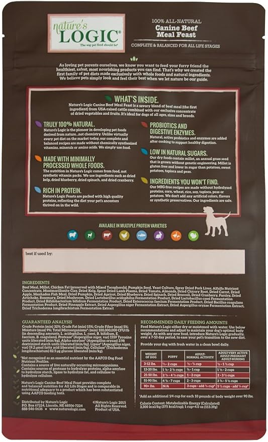 Nature's Logic Dry Dog Food - 100% Natural - No Synthetics - For All Ages, Sizes, Breeds - Free From Common Allergens, High Protein - Beef Meal Feast, 4.4lbs