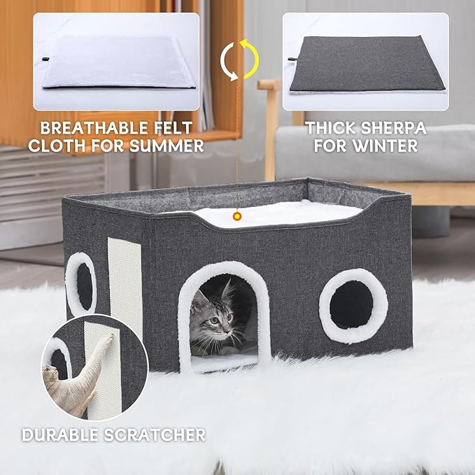 Cat House for Indoor Cats – Foldable Cat Cave & Covered Cat Bed, Cozy Hideaway for Small Pets and Large Cats (23.6"x16"x12.8"),Dark Grey