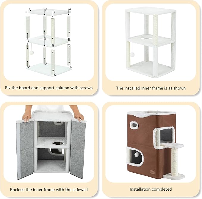 YITAHOME 2-Tier Cat House, Cat Beds for Indoor Cats, Small Cat Condo with Scratch Post, Hideaway Cave, Climbing Stand, Modern Cat Cube Playhouse for Multi Kittens, Brown