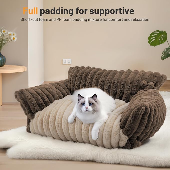 Premium Cat Couch Bed Soft Pet Sofa with Support & Machine Washable Cover, Non-Slip Bottom 23.62 Inch, Dark Brown Cream