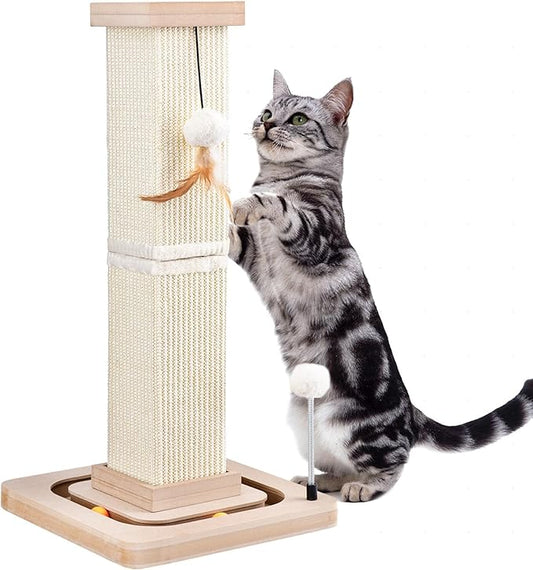 27" Cat Scratching Post, Sisal Cat Scratcher with Interactive Track Balls and Hanging Balls, Vertical Scratching Posts for Indoor Cats and Kittens
