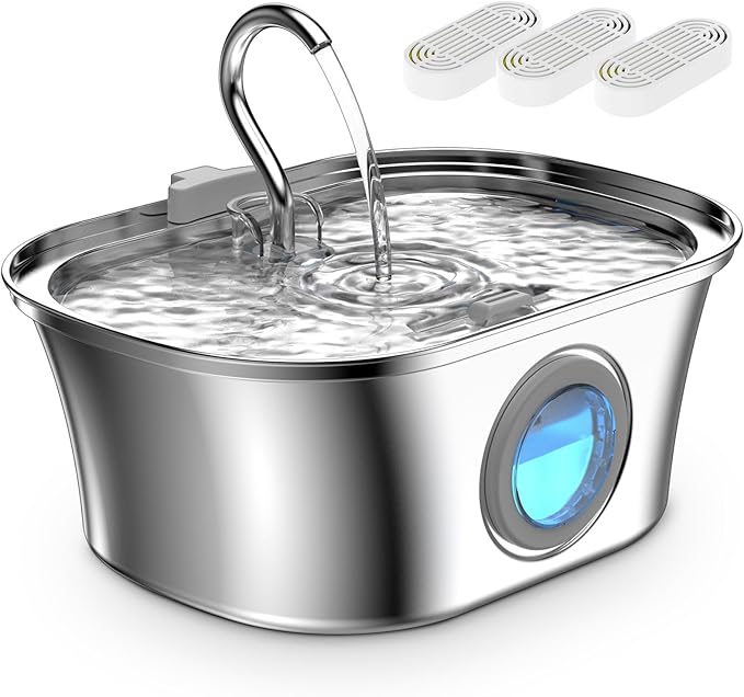 Cat Water Fountain Stainless Steel, 0.8gal/108oz Pet Water Fountain with Water Level Indicator and 3 Filters, Cat Fountain with Quiet Pump Ideal for Cats, Dogs and Multi-pet Household