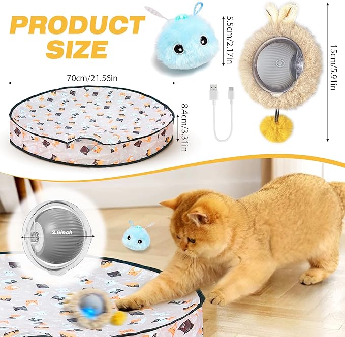 Rechargeable Automatic Cat Toy Ball - Smart Interactive Touch-Activated Motion with 2 Balls & 28" Play Mat for Indoor Cats - Boredom Relief for Kittens & Adult Cats