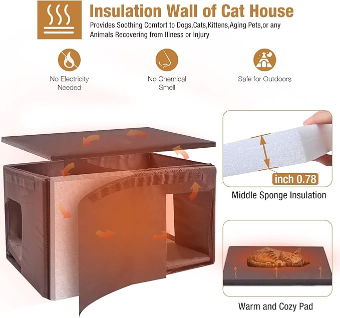 Outdoor Cat House Insulated, Feral Cat Shelter for Winter with 100% Insulated All-Round Thermal Inner Liner