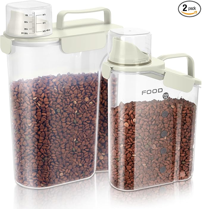 Dog Food Storage Container, Upgraded Large Nozzle BPA-free, 8-12 LBS Plastic Pet Food Storage Containers, With 4 Sealed Clasps, 1 Measuring Cup and Handle (2, Beige (3L+5L), (3L+5L))