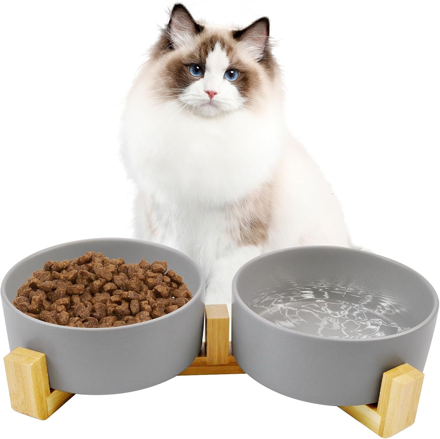 Ceramic Cat Bowls with Bamboo Stand,Non-Slip Small Dog Food and Water Bowl Set Non-Spill Cats Feeder Dish Modern Cute Weighted Cat Dishes for Small Dogs Puppy Cats Kitten(Grey)