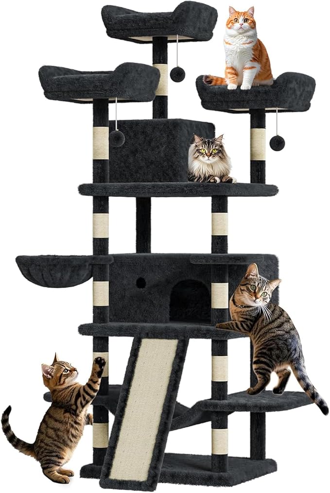68.5 Inch Multi-Level Cat Tree, Plush Cat Tower with Condo/Sisal Scratching Posts/Hammocks/Basket/Dangling Ball/Platform, Heavy Duty Cats Tree to Play and Sleep,2601#Dark Grey