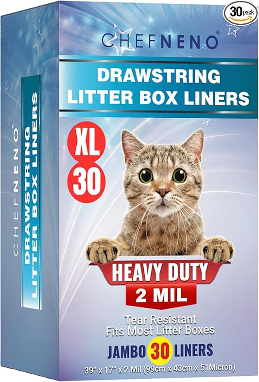Cat Litter Box Liners Drawstring XL (30 Bags) 39" x 17" Super Jumbo Scratch Resistant Extra Heavy 2 Mil Disposable Litter Box Liner Cat Litter Tray Bags (30 Count)