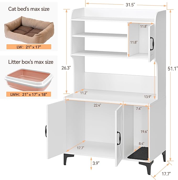 Large Cat Litter Box Enclosure Furniture with 3 Open Shelves and Storage Cabinet, Farmhouse Cat House Washroom with Scratch Pad, Modern Wood Pet House Side End Table for Livingroom Bedroom