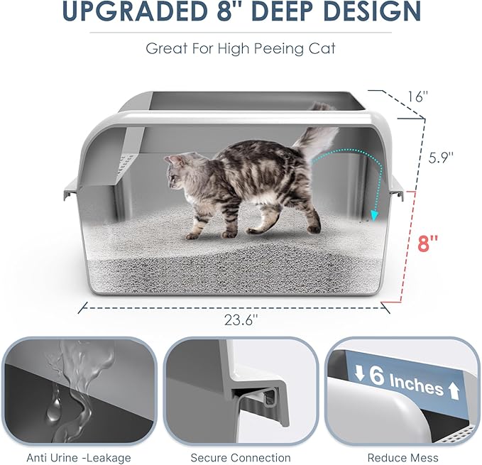 8" Deep Stainless Steel Cat Litter Tray with Lid Extra Large Litter Box for Big Cats XL Metal Litter Box Pan with High Wall Sides Enclosure, Non-Sticky, Anti-Leakage, Easy Cleaning