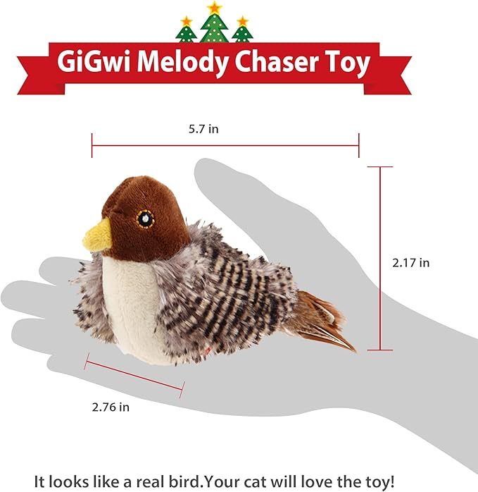 Gigwi Chirping Bird Cat Toy for Indoor Cats, Interactive Hangable Bird Cat Toy with Real Bird Sound and Feather, Automatic Bird Toy for Cats Exercise & Kicker to Self Play（No Flapping）