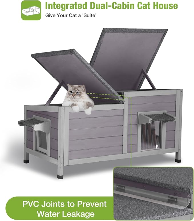 GUTINNEEN Outdoor Cat House Insulated, Dual-Cabin Feral Cat Shelter for Winter with Weatherproof Roof, Multiple Access Doors, Elevated Base